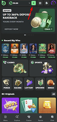 Casino App Homepage with Arrow Pointing to Deposit Button