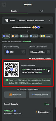 Casino Cashier with ETH Deposit Address and QR Code Highlighted