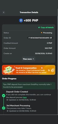 Casino Transaction Details Confirming the GrabPay Deposit