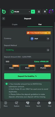 Casino Deposit Form with GrabPay Selected and Amount Entered