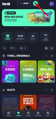 Thrill casino mobile lobby with the wallet button highlighted in the top bar, above Thrill Originals and slots tiles
