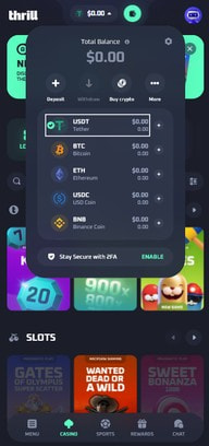 Thrill wallet panel showing Deposit, Withdraw and Buy crypto buttons above USDT, BTC, ETH, USDC and BNB balances