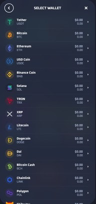 Thrill Select Wallet screen listing deposit coins: Tether, Bitcoin, Ethereum, Solana, TRON, XRP, Litecoin and Dogecoin