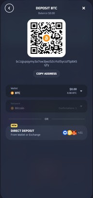 Thrill Deposit BTC screen with QR code, wallet address and Copy Address button, Bitcoin network selected