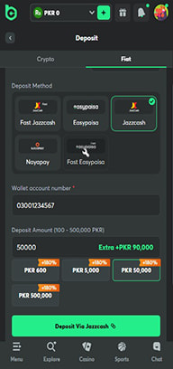 Casino Cashier with JazzCash Wallet Account Number and Deposit Amount