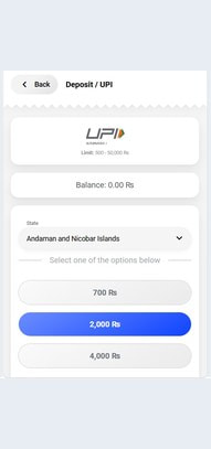 UPI Deposit Screen with State and Amount Selection