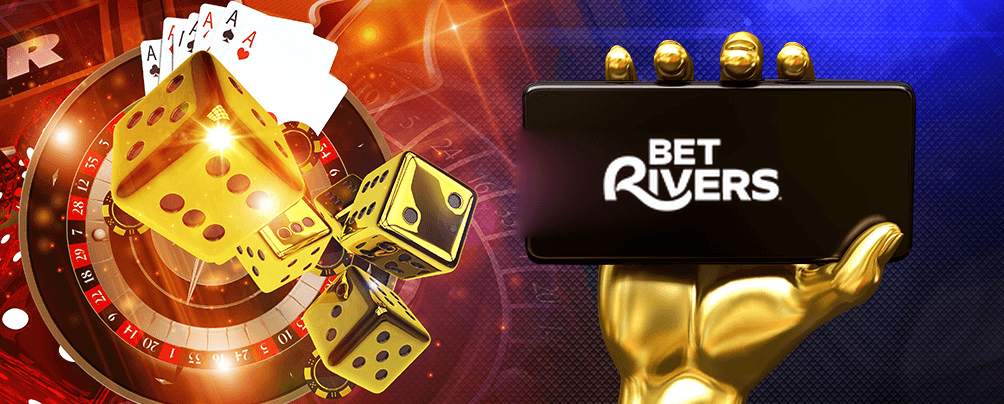 Mobile gameplay at BetRivers Casino includes table games with playing cards, dice, casino chips, and roulette wheel.