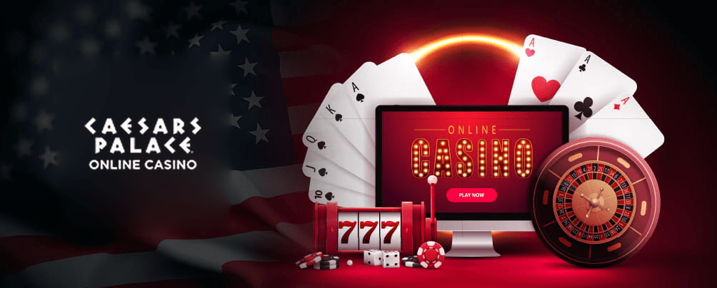 Playing cards, roulette wheel, casino tokens, dice, and an online casino interface to represent Caesars in West Virginia.