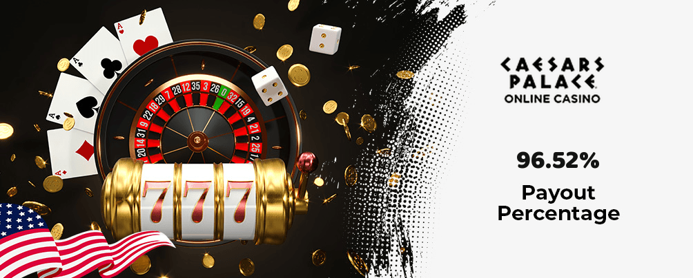 Playing cards, roulette wheel, dice, slot reel, Caesars logo, gold coins, and an American flag