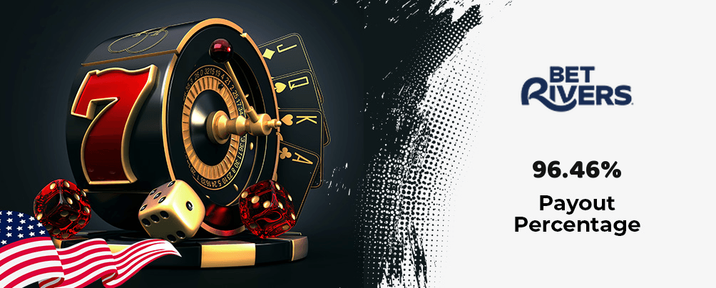 Playing cards, roulette wheel, dice, slot reel, BetRivers logo, and an American flag