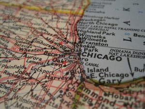 The map details Chicagoland and Northwest Indiana including towns and cities which are prospective sites for new casinos