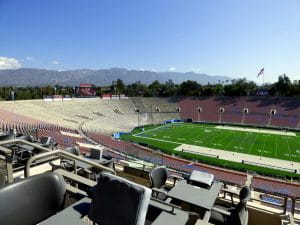 The field and seating of the Rose Bowl which is among the most historic and famous football stadiums and located in Los Angeles, California