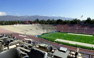The field and seating of the Rose Bowl which is among the most historic and famous football stadiums and located in Los Angeles, California