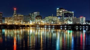 The skyline of buildings in downtown Hartford, Connecticut located on the Connecticut River.