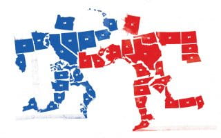 Red republican states grouped together to form a human figure fighting with blue democratic states grouped together and doing the same