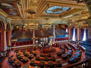 The interior of The House of Representatives in Des Moines, Iowa’s State