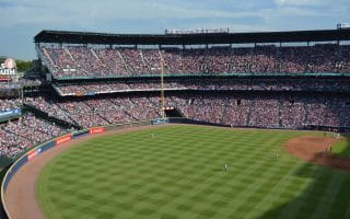 Turner Field which is the home of Major League Baseball’s Atlanta Braves featuring the green outfield, dirt infield, and stadium seating of right field.