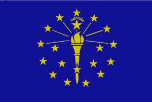 Flag of Indiana. A gold torch surrounded by an outer circle of thirteen stars, an inner semi circle of five stars, and a 19th, larger, star at the top of the torch, crowned by the word 'Indiana'