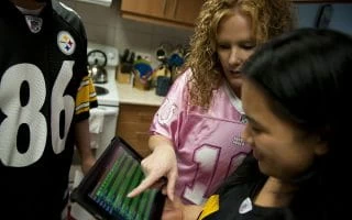 Daily fantasy sports bettors making selections while wearing NFL football jerseys