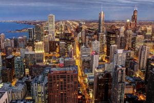 View of the Chicago skyline at night from the 360 John Hancock Center Observation Deck