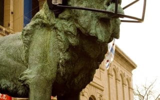 A lion statue outside of the art museum in Chicago wearing a Chicago Bears football helmet