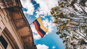 The flag of Colombia on top of a building
