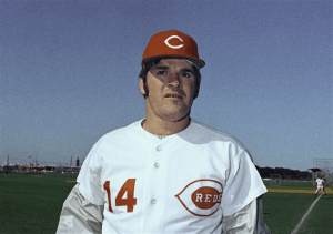 Major League Baseball’s all-time hits leader, Pete Rose, during a Red’s game in 1973