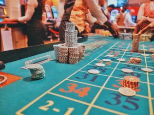 Poker chips on a table in a casino