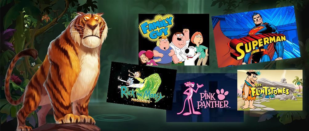 Collage of cartoon-licensed slot game thumbnails featuring a jungle tiger alongside classic animated and comic book character themes