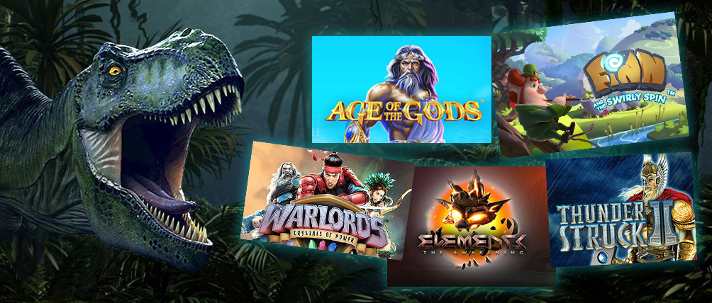 Collage of fantasy-themed slot game thumbnails featuring a dinosaur jungle backdrop alongside mythology, adventure and elemental slot titles