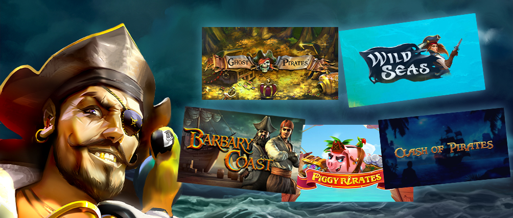 Collage of pirate-themed online slot thumbnails featuring a swashbuckling pirate captain alongside stormy seas and treasure adventure slot titles 