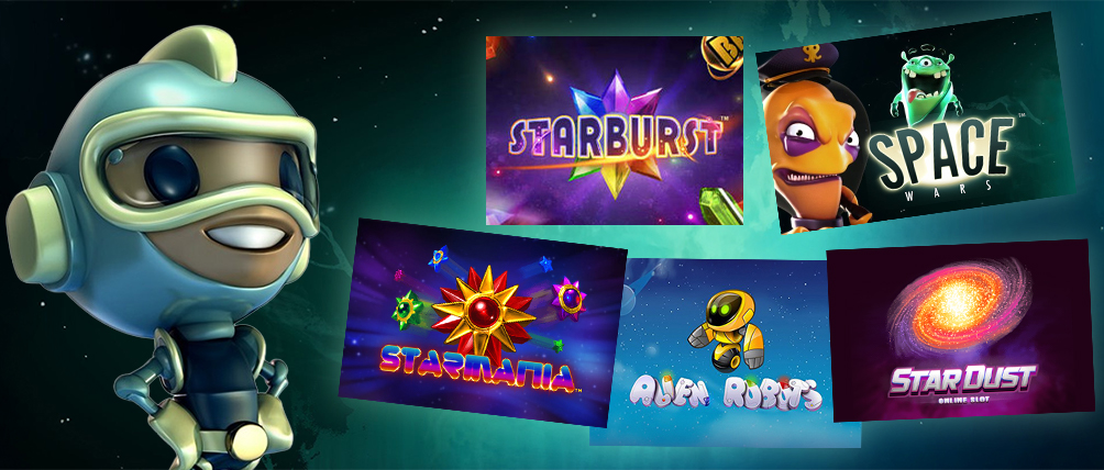 Collage of space-themed online slot thumbnails featuring a cute astronaut robot mascot alongside galaxy, alien and cosmic adventure slot titles