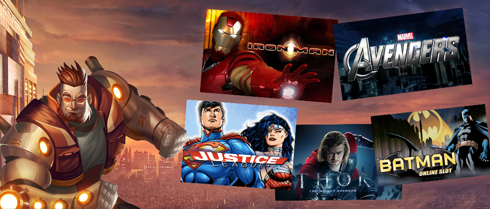 Collage of superhero-themed online slot thumbnails featuring a comic-style hero mascot alongside Marvel and DC character slot titles