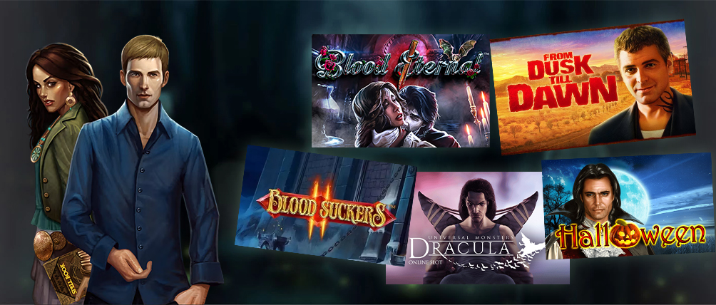 Top vampire-themed slot games including Blood Eternal, From Dusk Till Dawn, Blood Suckers II, Dracula, and Halloween