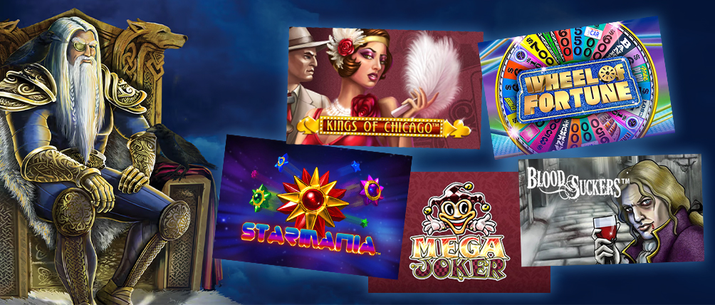 Collage of the top rated Vegas slot games including Kings of Chicago, Wheel of Fortune, Starmania, Mega Joker, and Blood Suckers