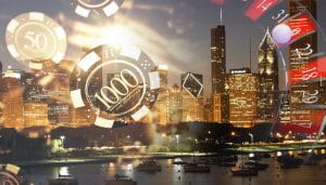 Casino Chips and Roulette Wheel in front of Chicago View by Night 