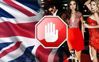 Red Carpet Celebrities Next to the UK Flag with a Stop Sign