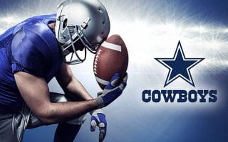 Dallas Cowboys Logo next to a Kneeling Football Player with a Ball