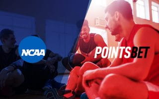 NCAA and Pointsbet Logos Over a Team of Resting Basketball Players