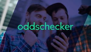 Oddschecker Name Over Two Men Reacting Victoriously While Looking at a Mobile Phone
