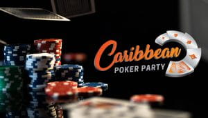 Caribbean Poker Party Logo Next to Piles of Chips 