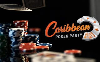 Caribbean Poker Party Logo Next to Piles of Chips