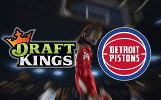 DraftKings and Detroit Pistons Daily Fantasy Logos over a Player Dunking