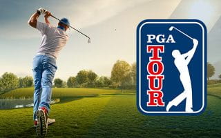 PGA Tour Logo Next to a Golfer in Action