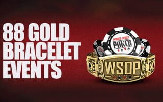 88 Gold Bracelet Events Sign Next to a Ring and Casino Chips