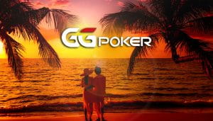 The GGPoker Logo Over a Pic of a Couple on Their Exotic Honeymoon