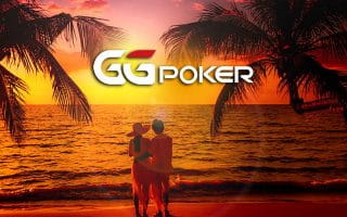 The GGPoker Logo Over a Pic of a Couple on Their Exotic Honeymoon