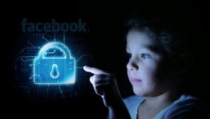 The Facebook Logo Next to a Lit Lock and a Child Clicking on It 