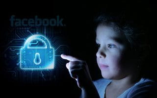 The Facebook Logo Next to a Lit Lock and a Child Clicking on It