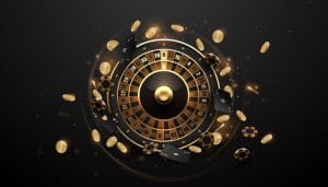 A Spinning Roulette with Flying Golden Coins and Casino Chips